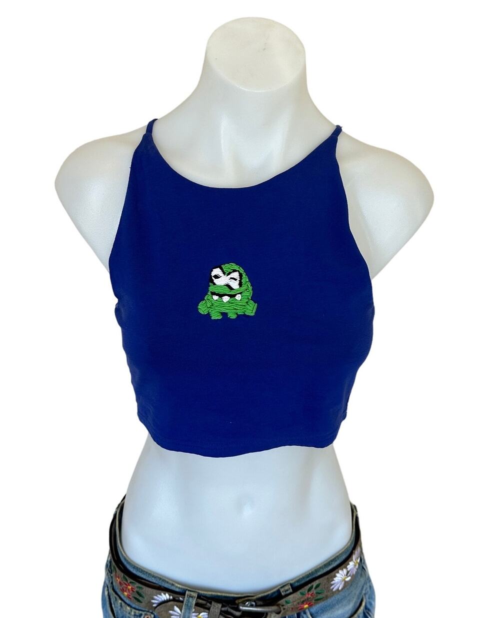 Superdown Crop Top Blue SMALL Upcycled Embroidered Om Nom Bodycon Unique Cami